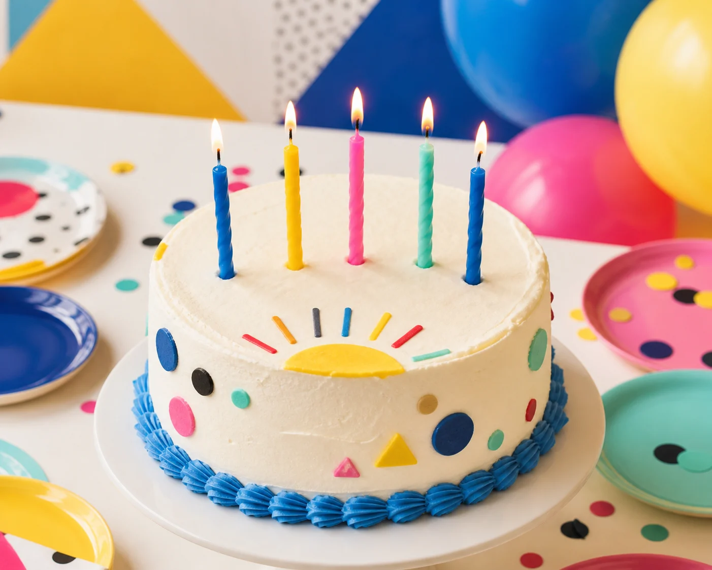 다섯 개의 알록달록한 초가 꽂힌 레오의 생일 케이크