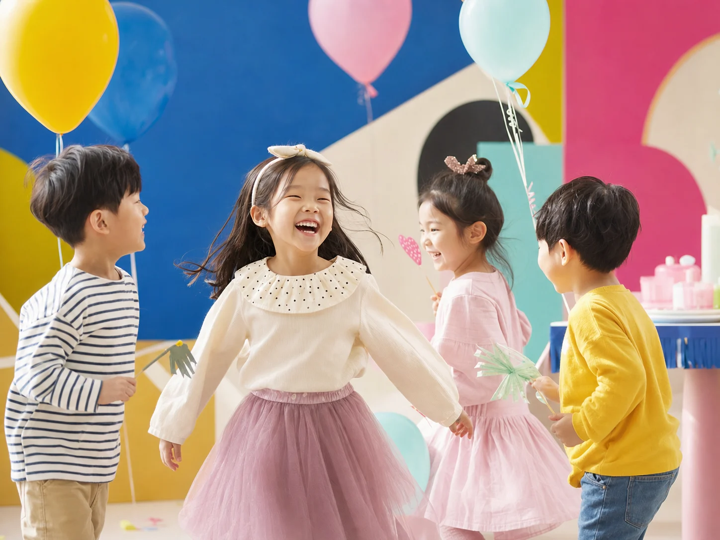 풍선으로 꾸민 파티룸에서 즐겁게 뛰어노는 네 명의 친구들