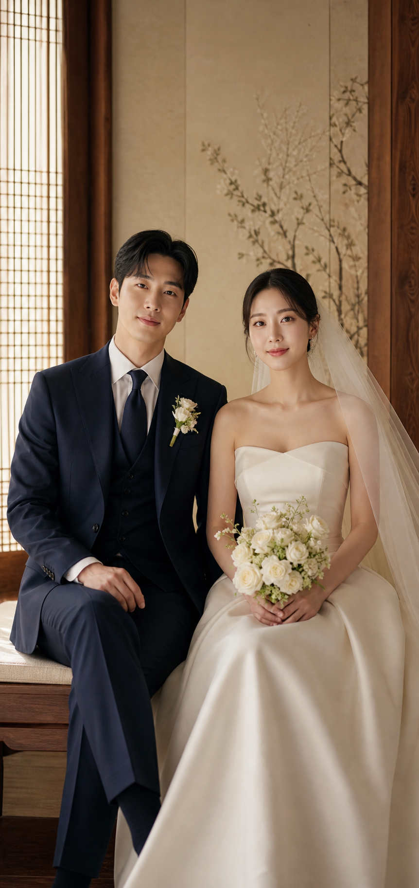 클래식한 분위기로 촬영한 신랑 신부의 세로 화보 컷