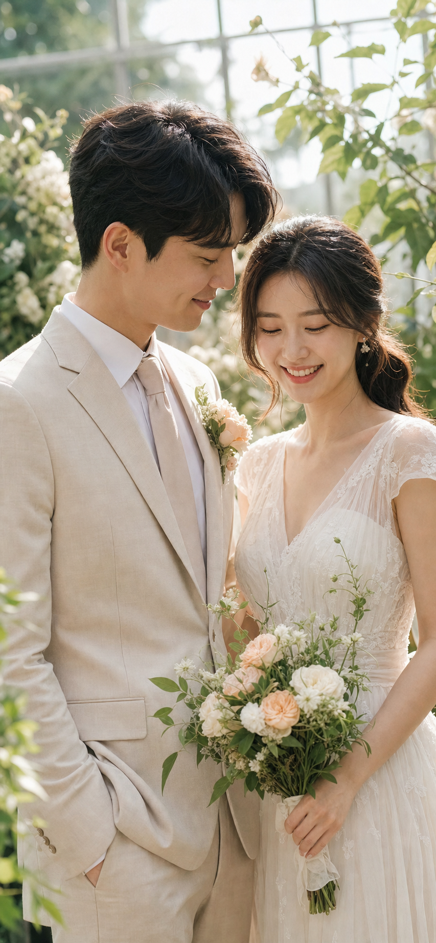 정원에서 가까이 마주 선 신랑 신부의 클로즈업 화보 컷