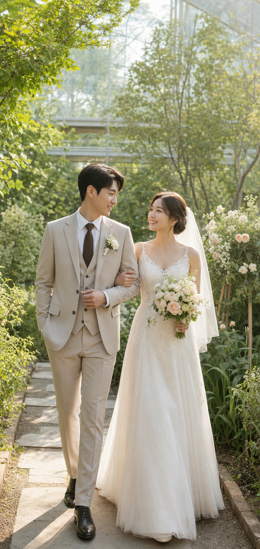 정원에서 서로를 마주 본 신랑 신부의 화보 컷