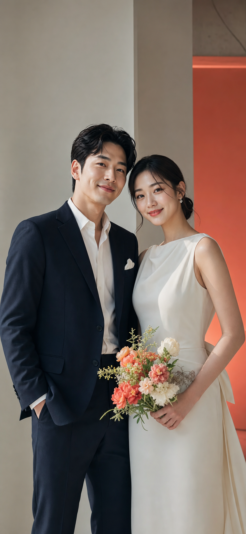 모던한 도시 배경에서 촬영한 신랑 신부의 가로 화보 컷